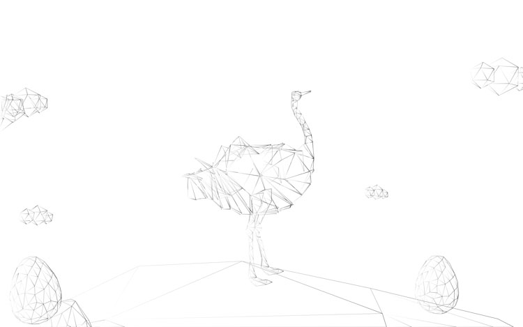 Black wireframe of ostrich on white background